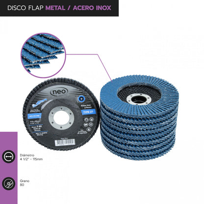DISCO TRASLAPADO FLAP METAL/ACERO INOX 4 1/2′ G80 NEO