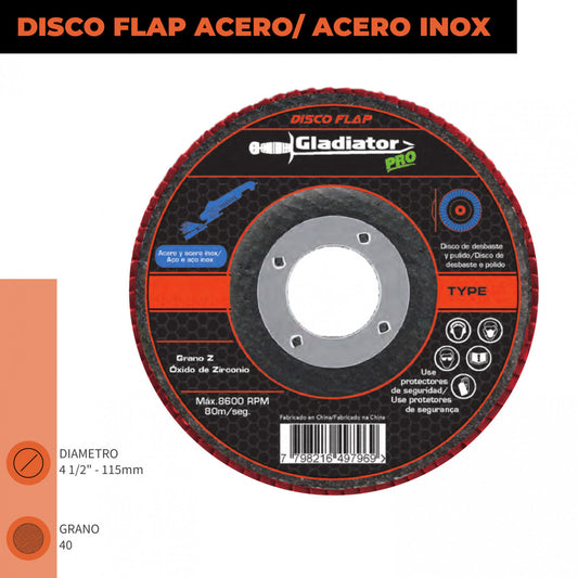 DISCO TRASLAPADO FLAP METAL/ACERO INOX 4 1/2′ G80 GLADIATOR