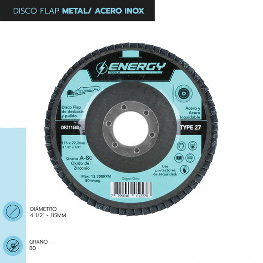 DISCO TRASLAPADO FLAP METAL/ACERO INOX 4 1/2′ G80 ENERGY