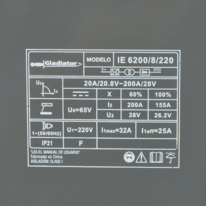 SOLDADORA INVERTER ARCO MANUAL 200A + MASCARA GLADIATOR IE 6200/8/220 KM
