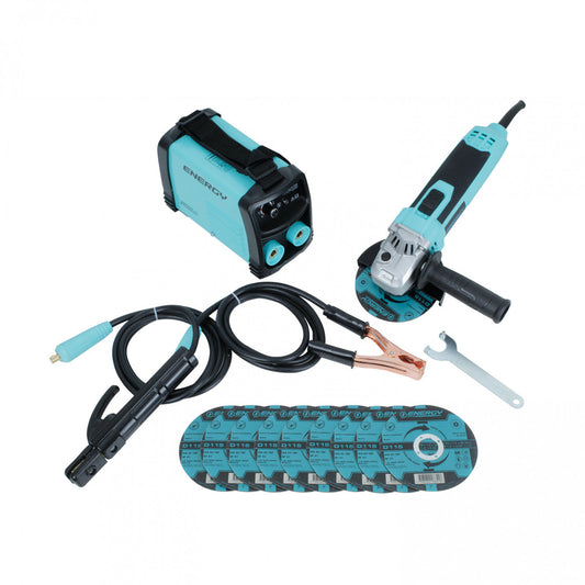 KIT SOLDADORA INVERTER ARCO MANUAL 140amp + ESMERIL 600W + 10 DISCOS ENERGY