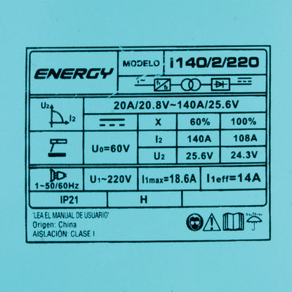 SOLDADORA INVERTER ARCO MANUAL 140amp ENERGY I140/220