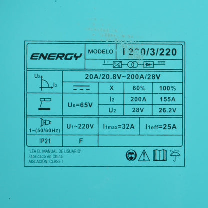 SOLDADORA INVERTER ARCO MANUAL 200amp ENERGY I200/3/220