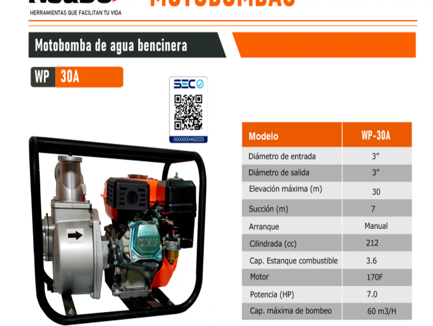 MOTOBOMBA DE AGUA BENCINERA 7HP 3' REDBO WP-30